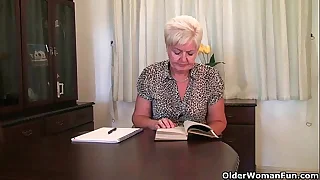 Highly sexed grandma Sandie rubs say no to pierced clit